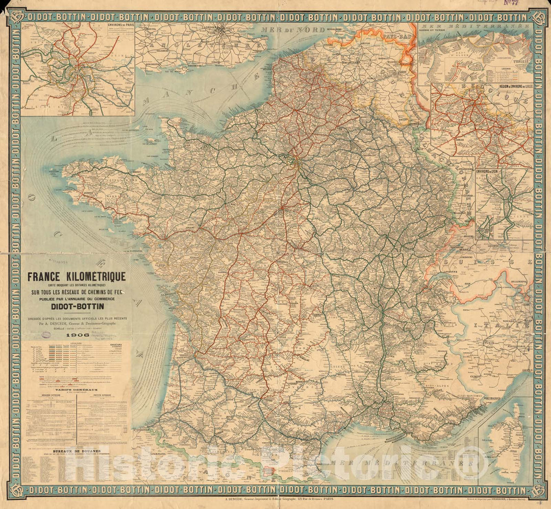 Historical Map, 1906 France kilometrique : Carte indiquant les Distances kilometriques sur Tous les reseaux de chemins de fer, Vintage Wall Art