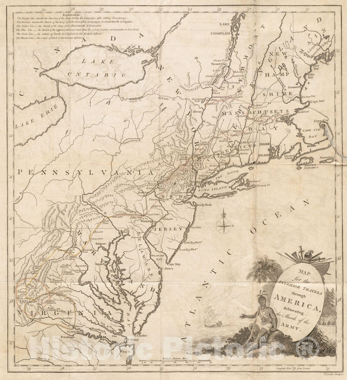 Historical Map, 1789 Map for The Interior Travels Through America : delineating The March of The Army, Vintage Wall Art