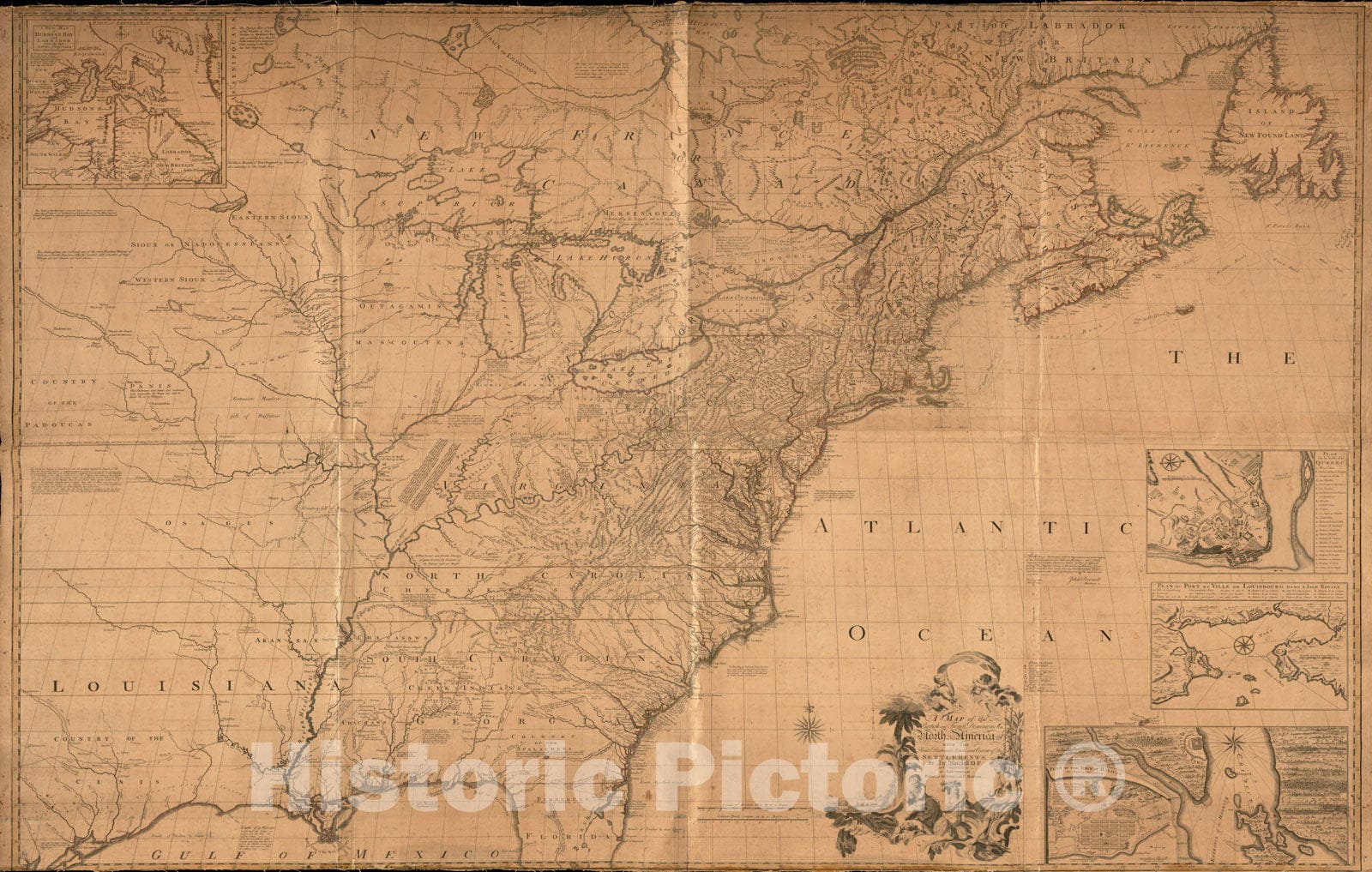 Historical Map, 1755-1761 A map of the British and French dominions in North America : with the roads, distances, limits, and extent of the settlements, Vintage Wall Art