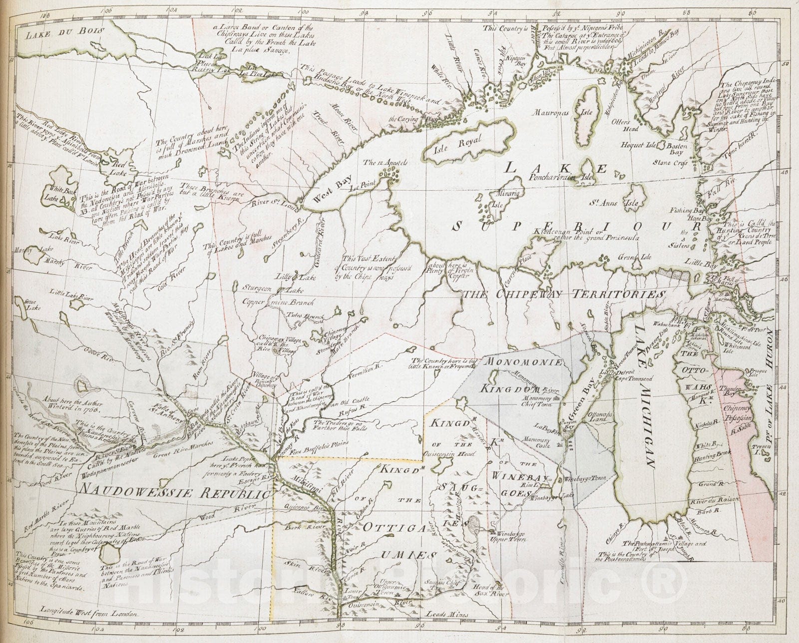 Historical Map, 1766 [Map Showing Jonathan Carver's Travels west of The Great Lakes.], Vintage Wall Art