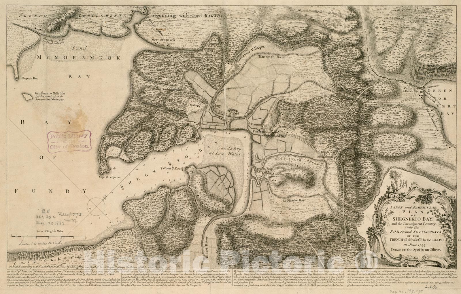 Historical Map, A Large and Particular Plan of Shegnekto Bay, and The circumjacent Country, with The forts and settlements, 1755, Vintage Wall Art