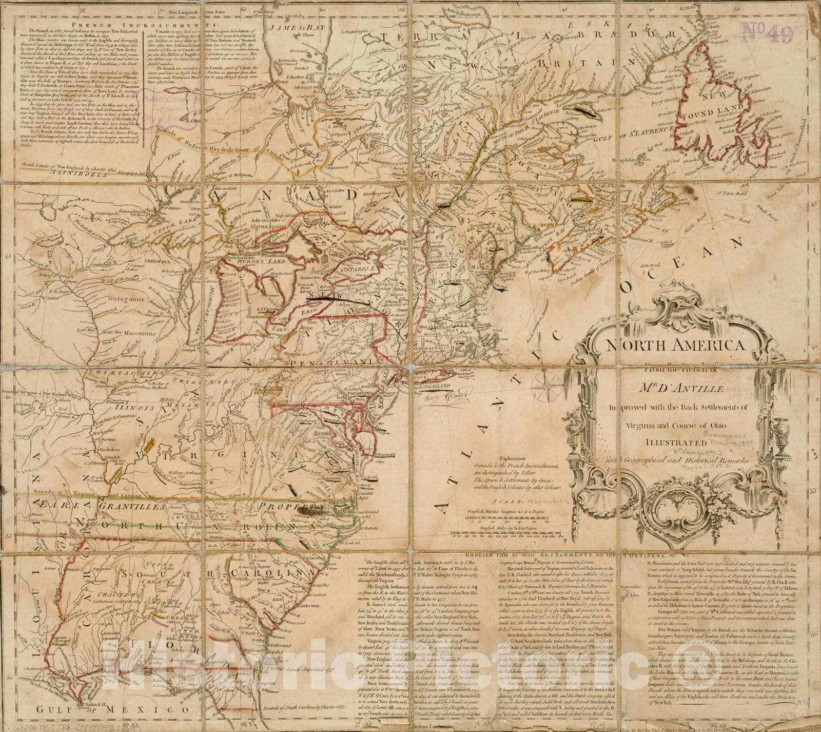 Historical Map, 1755 North America from The French of Mr. D'Anville, Improved with The Back settlements of Virginia and Course of Ohio, Vintage Wall Art