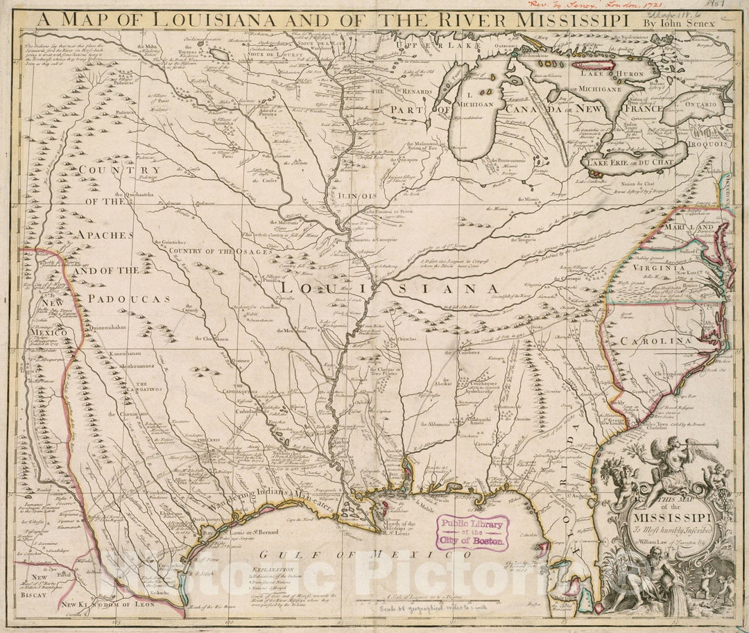 Historical Map, 1721 A map of Louisiana and of The River Mississipi, Vintage Wall Art