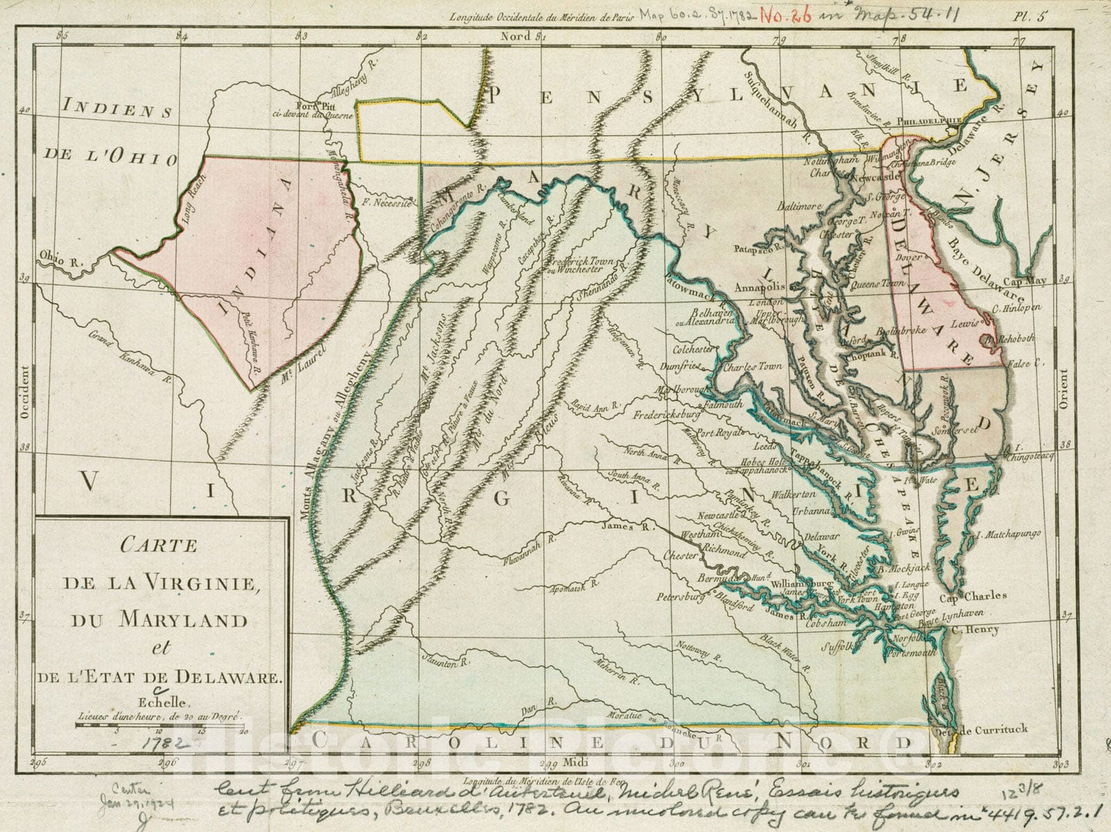 Historical Map, 1782 Carte de la Virginie, du Maryland et de l'etat de Delaware, Vintage Wall Art