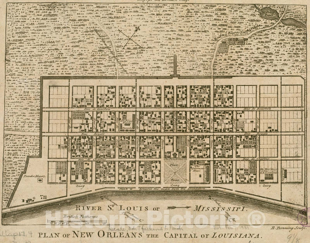 Historical Map, 1761 Plan of New Orleans The Capital of Louisiana, Vintage Wall Art