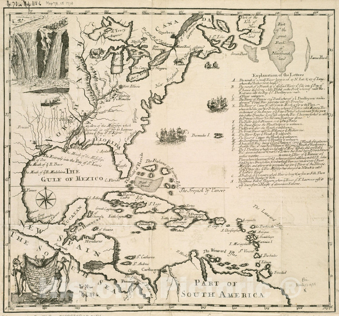 Historical Map, A New map of The Country of Louisiana and of ye River Missisipi in North America discou'd by Mons. de la Salle in ye Years 1681and 1686, Vintage Wall Art