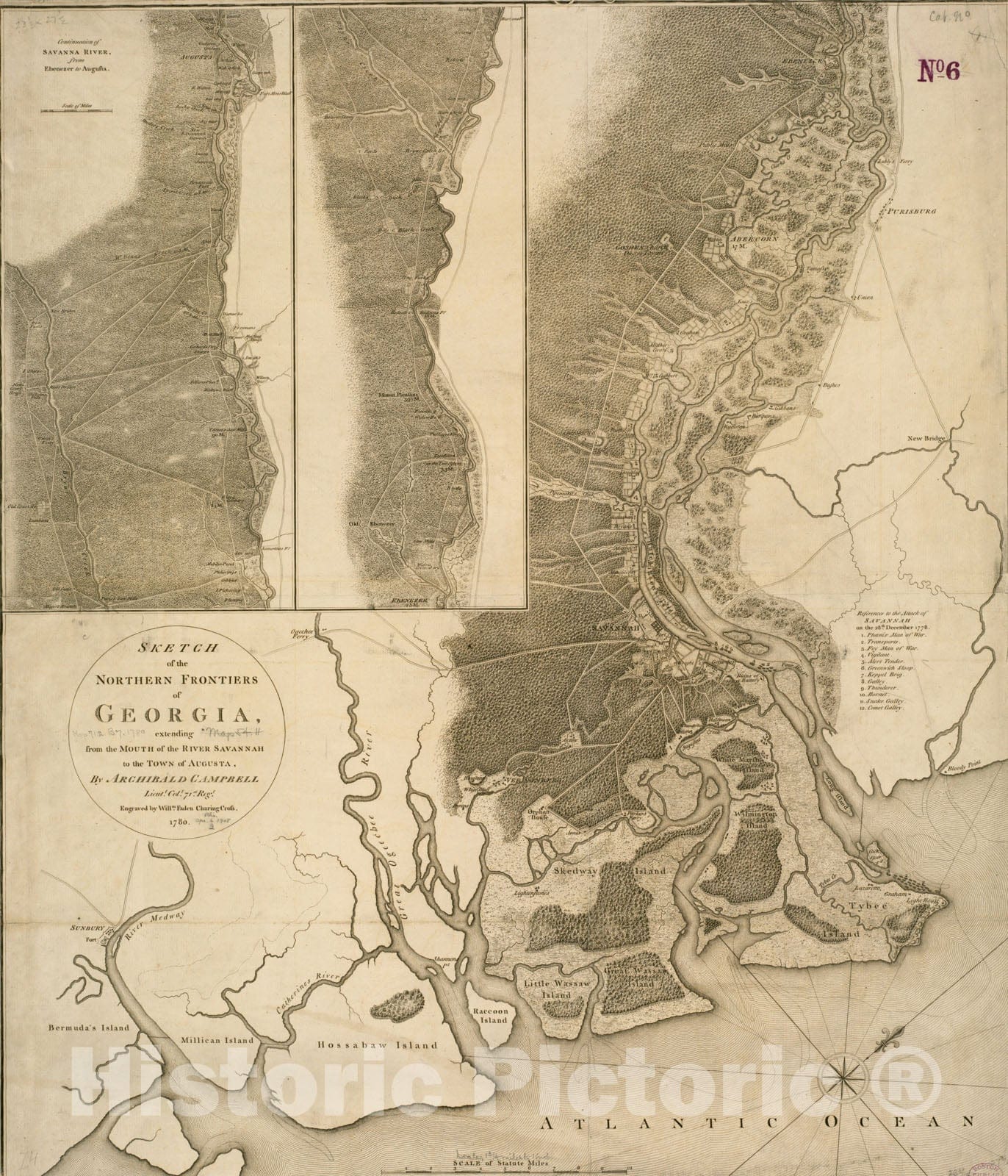 Historical Map, 1780 Sketch of The Northern Frontiers of Georgia, Extending from The Mouth of The River Savannah to The Town of Augusta, Vintage Wall Art