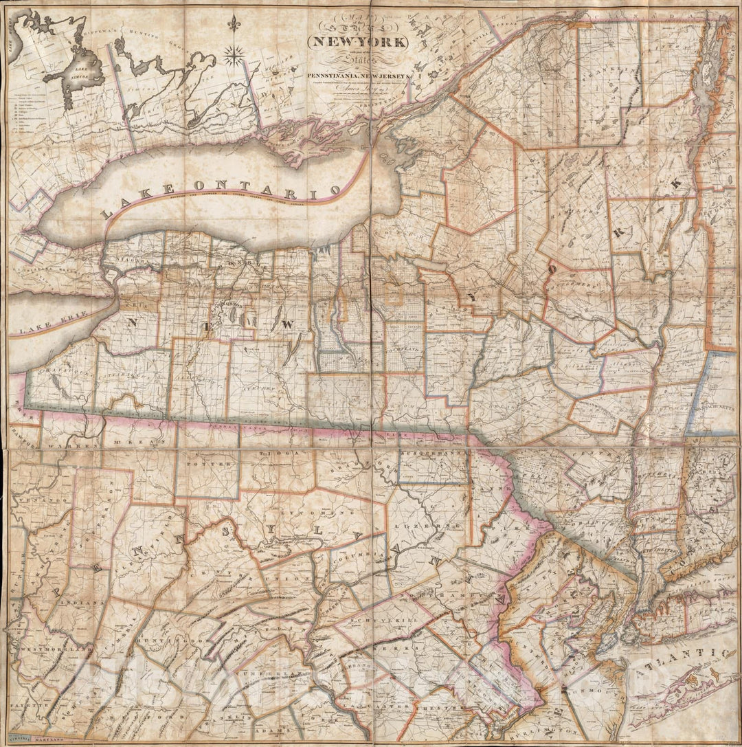 Historical Map, 1820 Map of The State of New York with Part of The States of Pennsylvania, New Jersey et Cetera, Vintage Wall Art