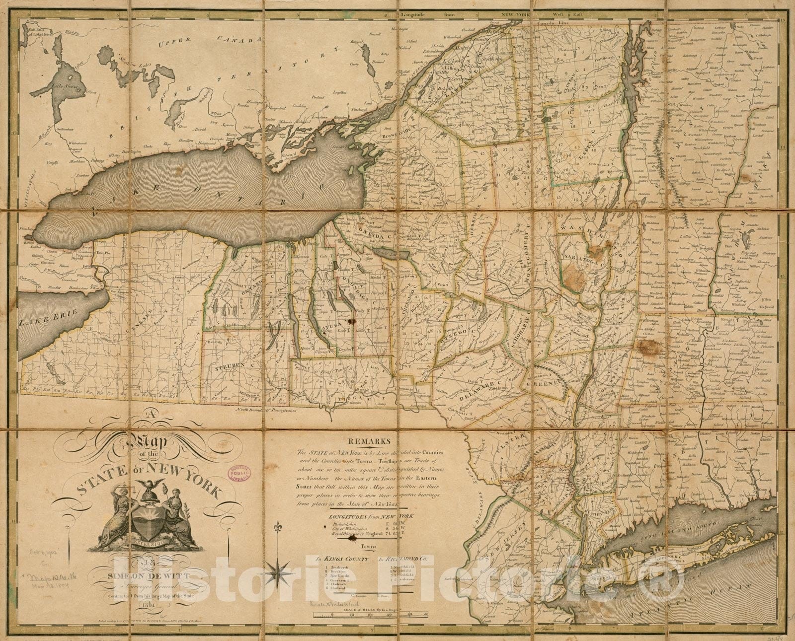 Historical Map, 1804 A map of The State of New York, Vintage Wall Art