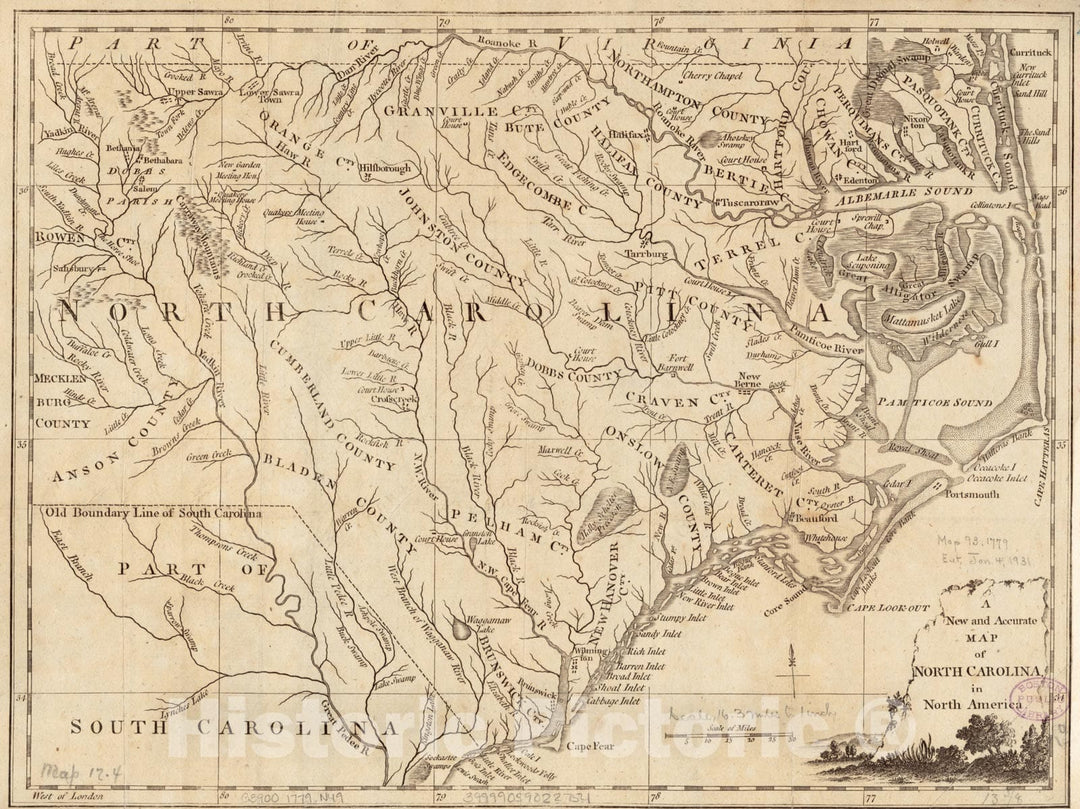 Historical Map, 1779 A New and Accurate map of North Carolina in North America, Vintage Wall Art