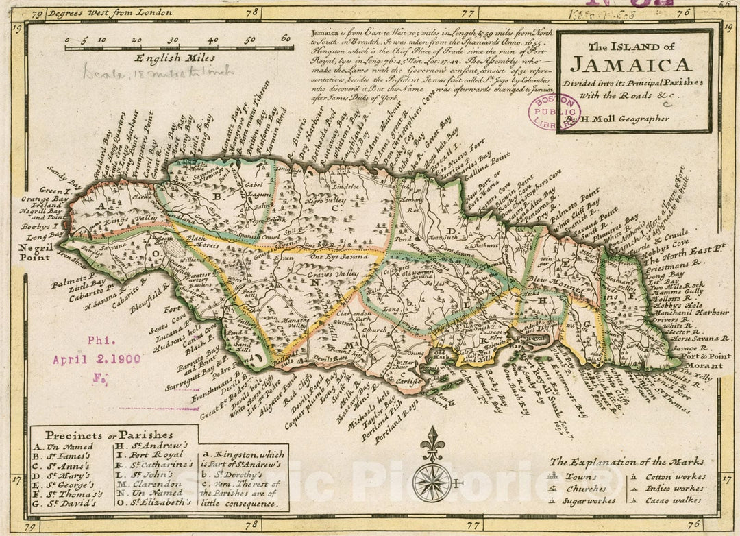 Historical Map, 1732 The Island of Jamaica, Divided into its Principal parishes, with The Roads et Cetera, Vintage Wall Art