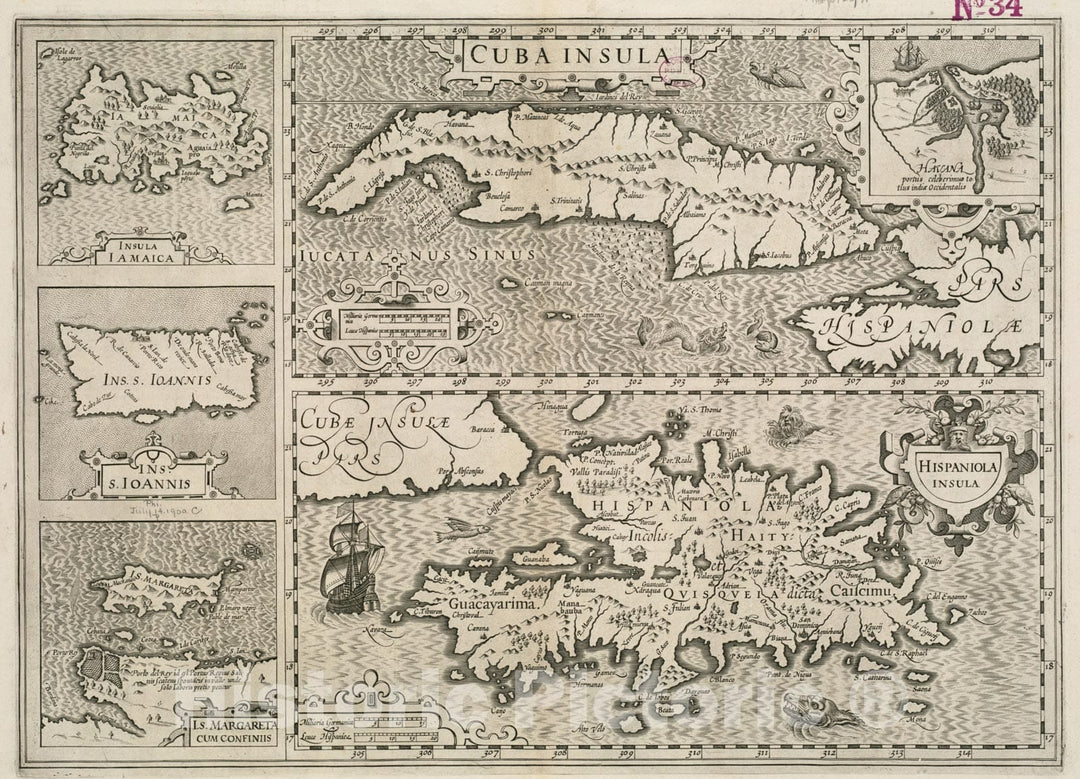 Historical Map, 1633 Cuba Insula ; Hispaniola Insula, Vintage Wall Art