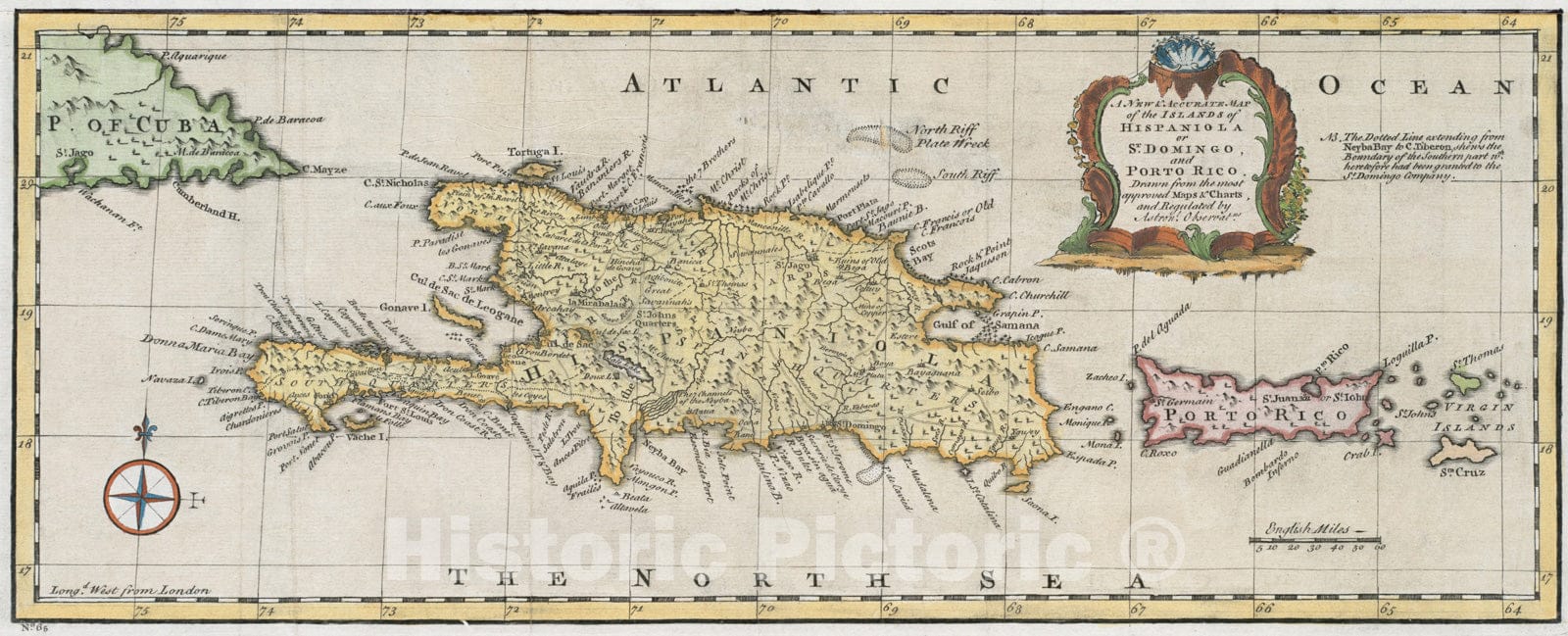 Historical Map, 1747 A new & accurate map of the islands of Hispaniola or St. Domingo, and Porto Rico, Vintage Wall Art