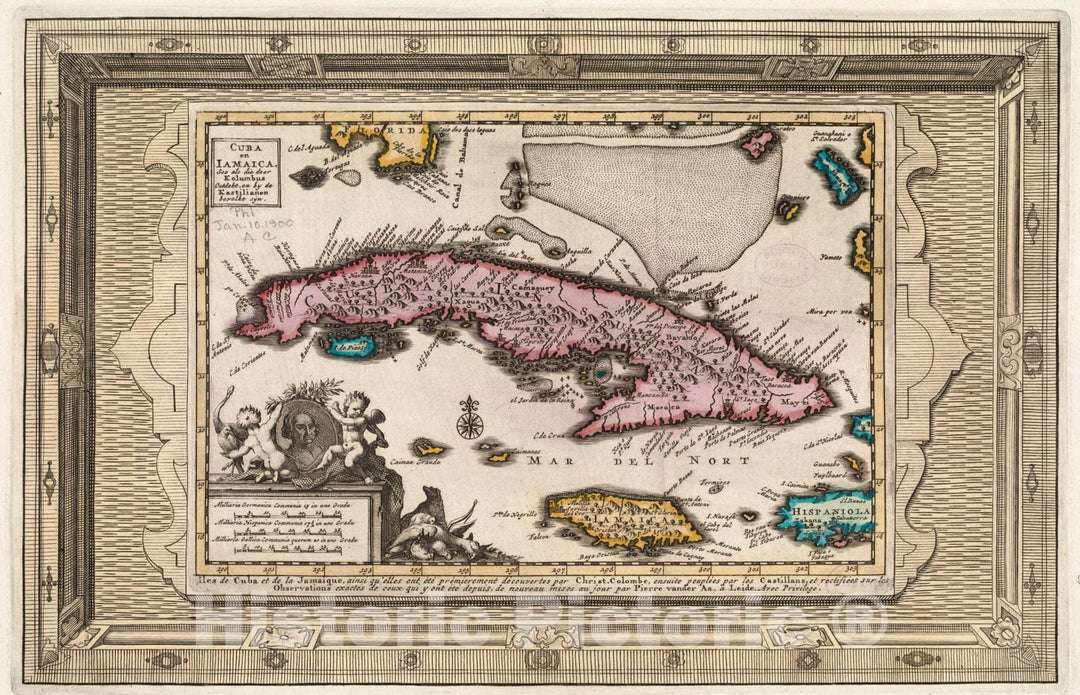 Historical Map, 1707-1714 Cuba en Iamaica : soo ALS die Door Kolumbus ontdekt, en by de Kastilianen bevolkt sijn = Iles de Cuba et de la Jamaique, Vintage Wall Art