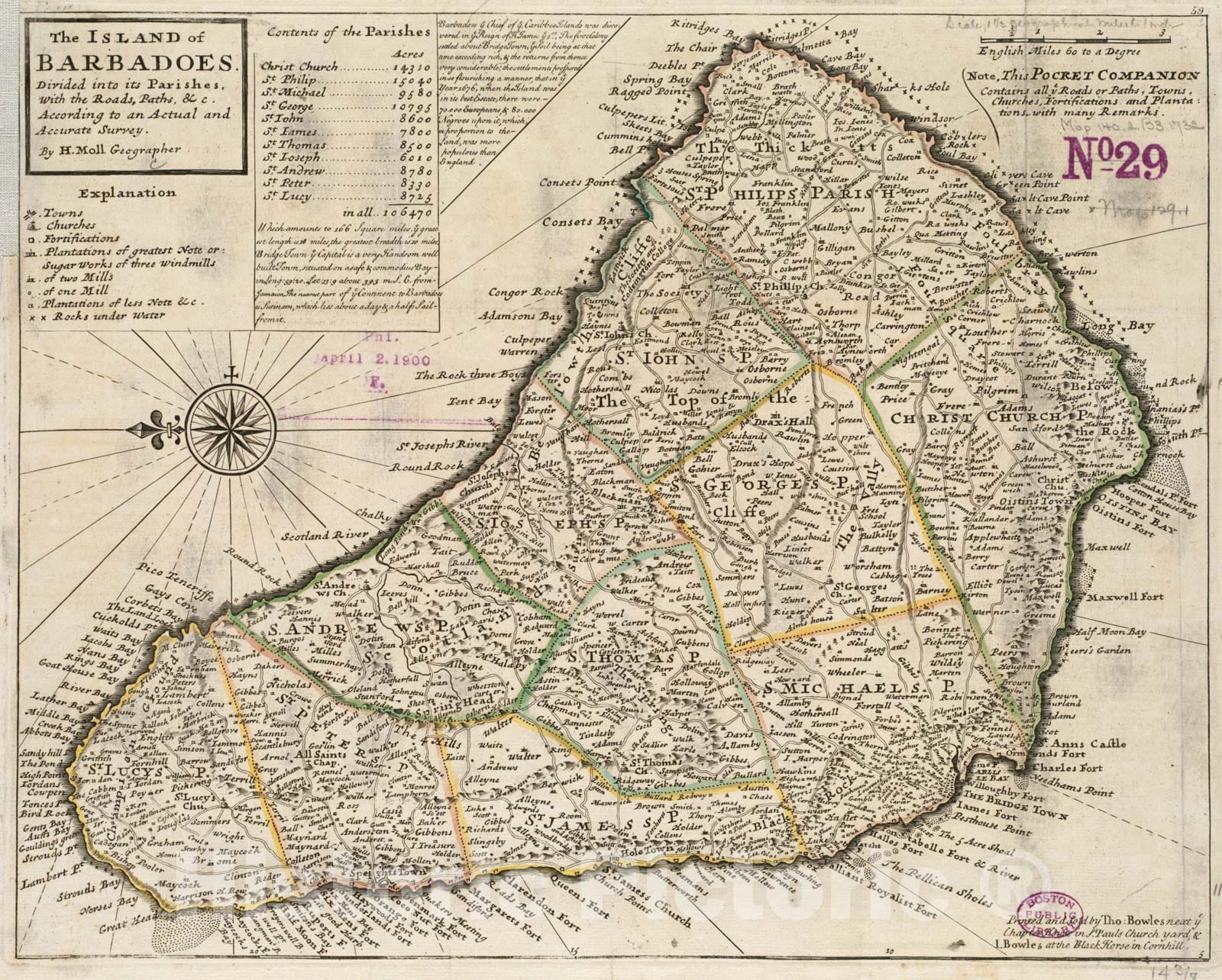 Historical Map, 1736 The Island of Barbadoes : Divided into its parishes, with The Roads, Paths, et Cetera. According to an Actual and Accurate Survey, Vintage Wall Art