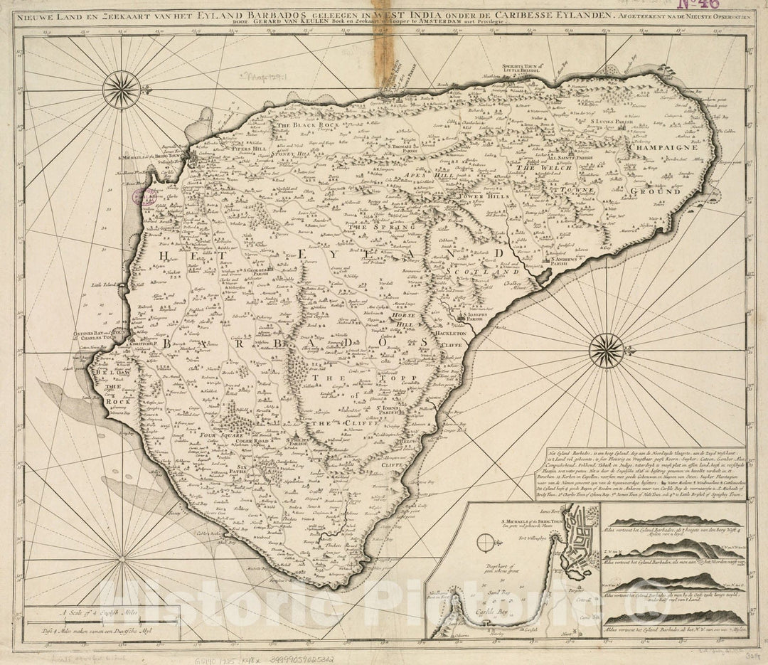 Historical Map, 1725 Nieuwe Land en zeekaart Van het eyland Barbados geleegen in West India Onder de Caribesse Eylanden : afgeteekent na de nieuste opservatien, Vintage Wall Art