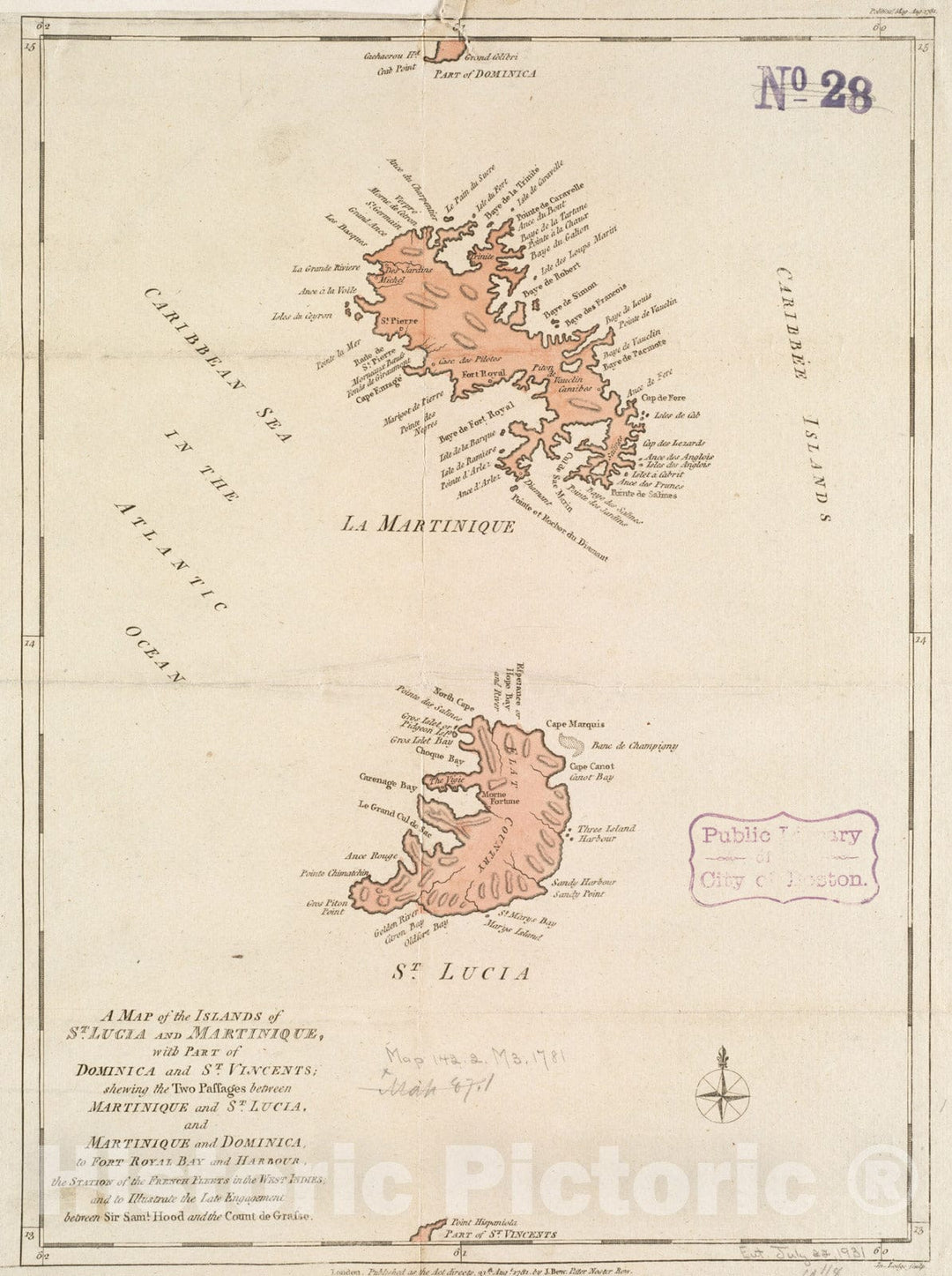 Historical Map, 1781 A map of The Islands of St. Lucia and Martinique, with pof Dominica and St. Vincents : shewing The Two passages Between Martinique and St. Lucia, Vintage Wall Art