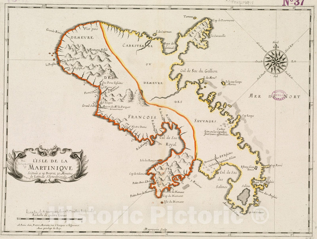 Historical Map, 1656 L'isle de la Martinique : scituee a 14 degrez 30 Minutes de Latitude septentrionale, Vintage Wall Art