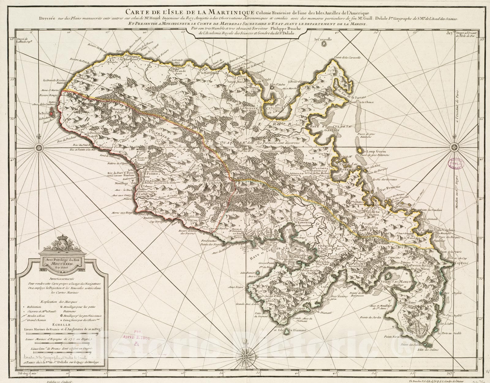 Historical Map, 1745 Carte de l'isle de la Martinique colonie Francoise de l'une des Isles Antilles de l'Amerique, Vintage Wall Art