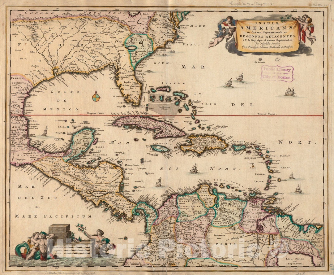 Historical Map, ca. 1692 Insula Americana in Oceano Septentrionali ac regiones adiacentes : a C. de May usque ad Lineam Aâ€ quinoctialem, Vintage Wall Art