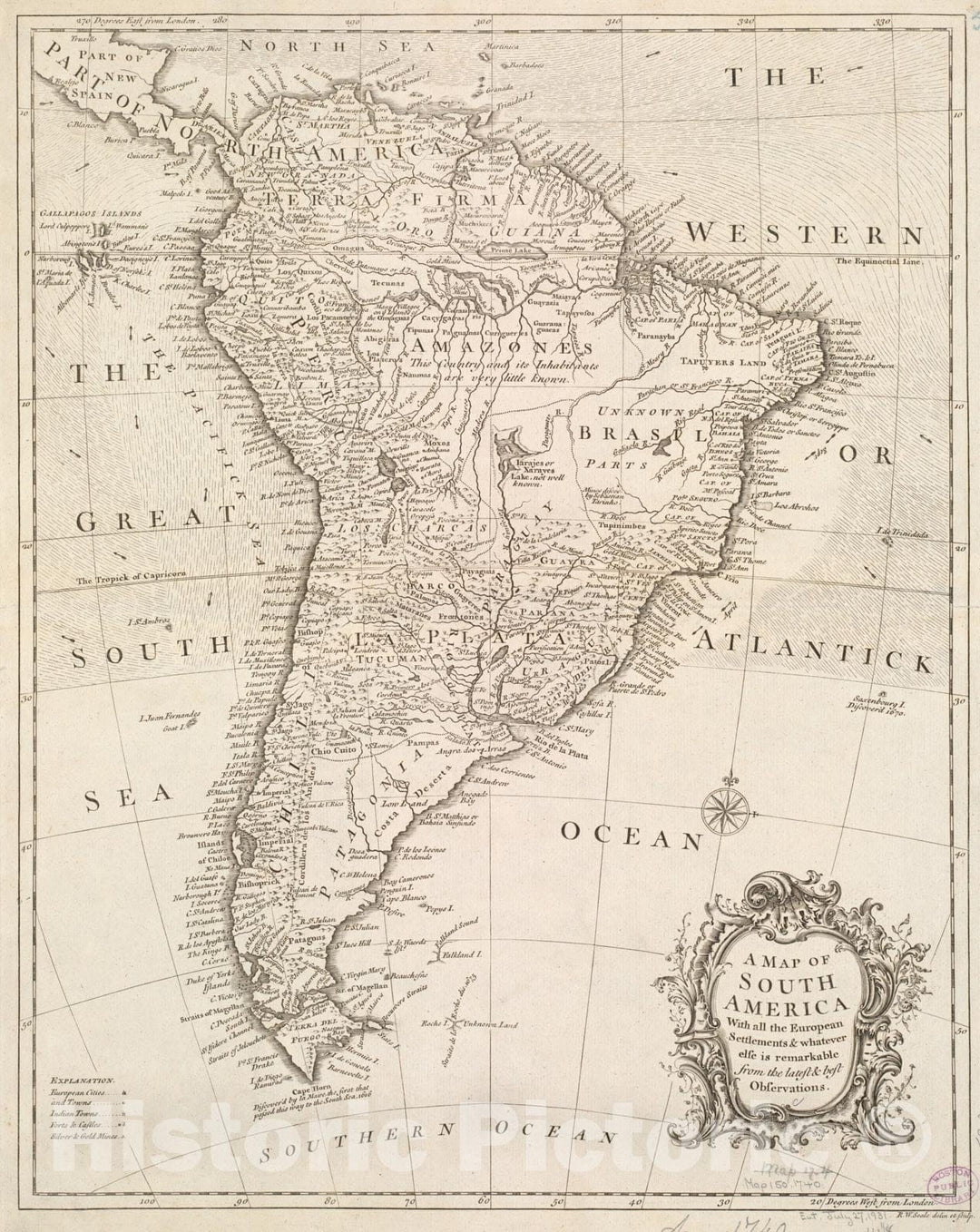 Historical Map, 1740 A map of South America with All The European settlements & Whatever Else is Remarkable, from The Latest & Best observations, Vintage Wall Art