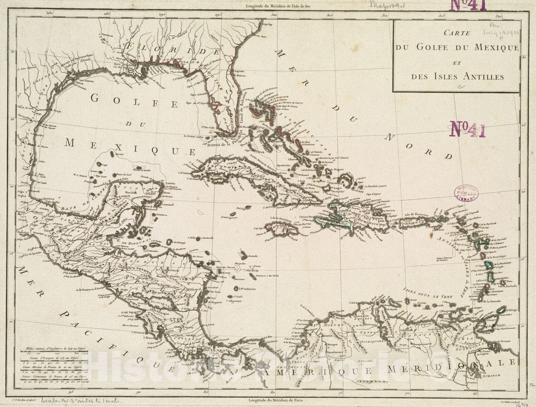 Historical Map, 1797-1801 Carte du Golfe du Mexique et des Isles Antilles, Vintage Wall Art