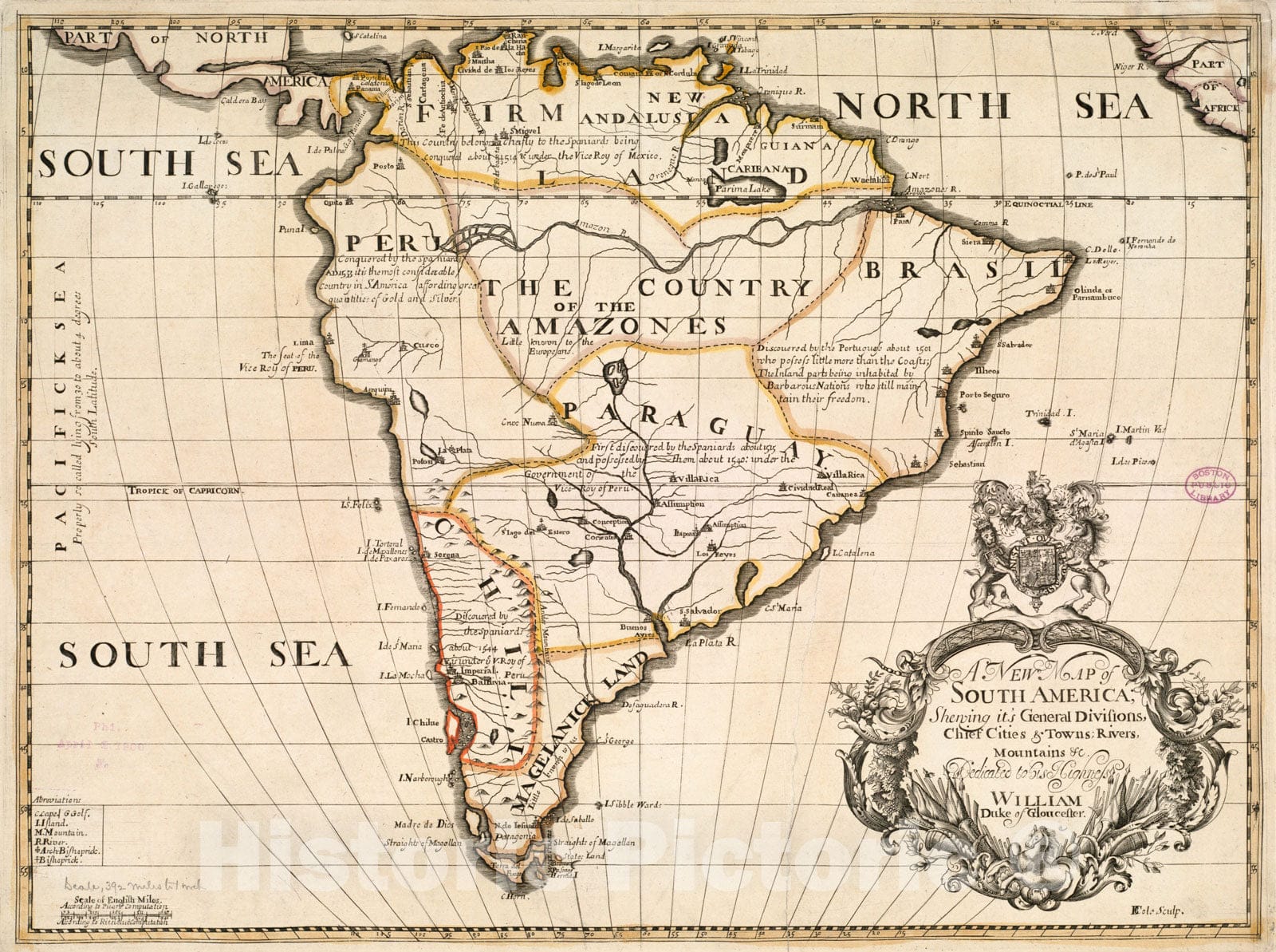 Historical Map, 1700 A New map of South America : shewing It's General divisions, Chief Cities & Towns, Rivers, Mountains et Cetera, Vintage Wall Art