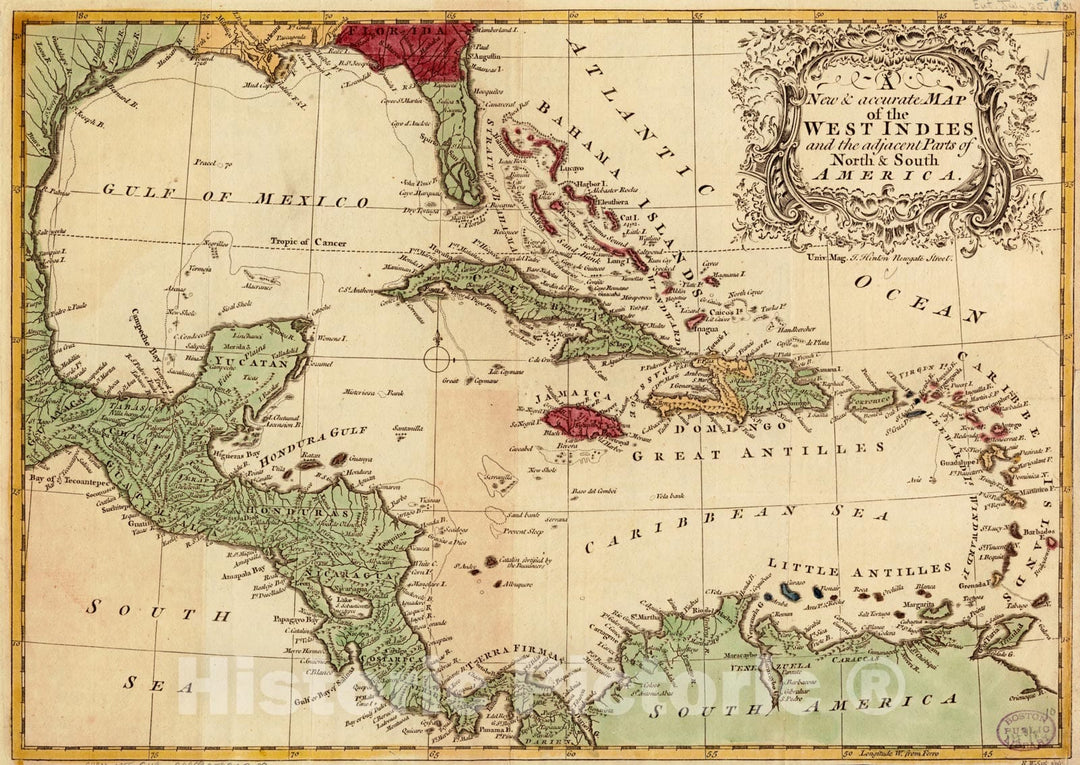 Historical Map, 1755 A New & Accurate map of The West Indies and The Adjacent Parts of North & South America, Vintage Wall Art