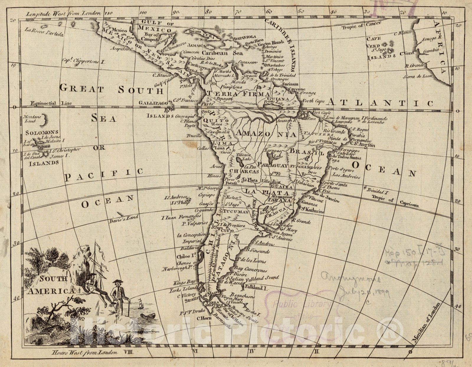 Historical Map, 1760-1769 South America, Vintage Wall Art