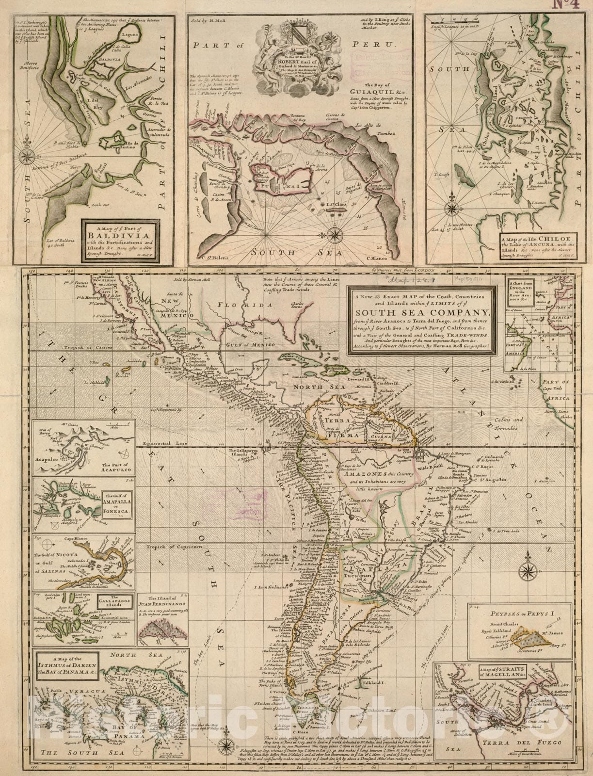 Historical Map, 1711 A New & Exact map of The Coast, Countries and Islands Within ye Limits of ye South Sea Company, from ye River Aranoca to Terra del Fuego, Vintage Wall Art