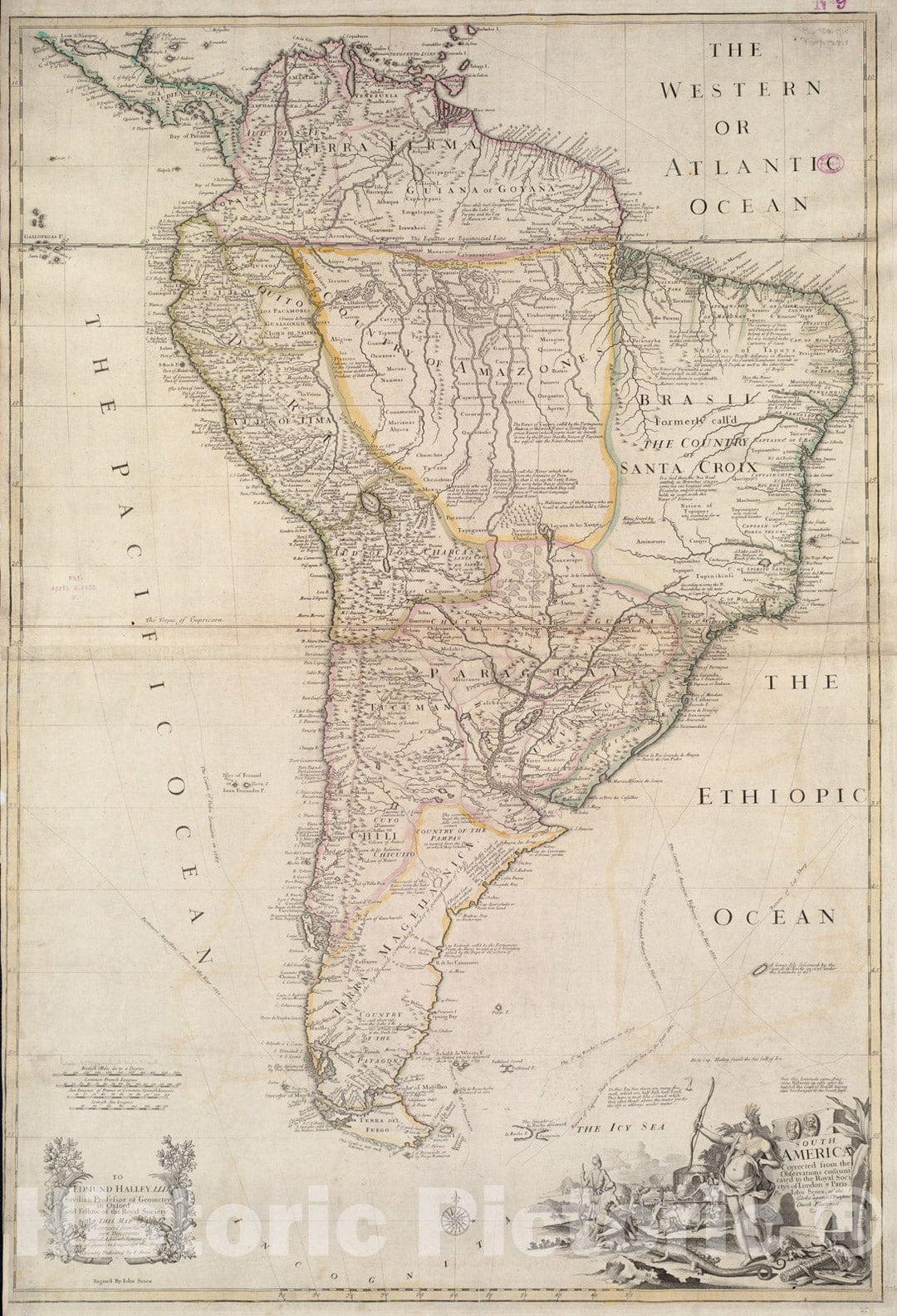 Historical Map, 1710 South America : corrected from the observation communicated to the Royal Societys of London & Paris, Vintage Wall Art