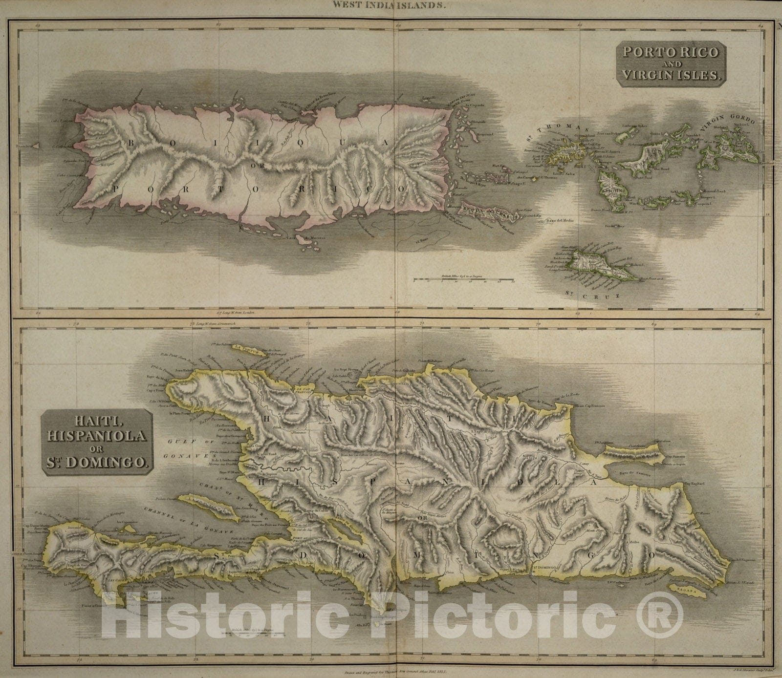 Historical Map, 1817 Porto Rico and Virgin Isles : Haiti, Hispaniola or St. Domingo, Vintage Wall Art