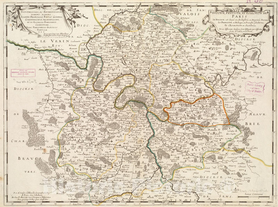 Historical Map, 1660 Diocese, prevoste, et eslection de Paris : le Diocese est divise en archipretres, ou doyennes ruraux, la prevoste en balliages, ou prevostes, Vintage Wall Art