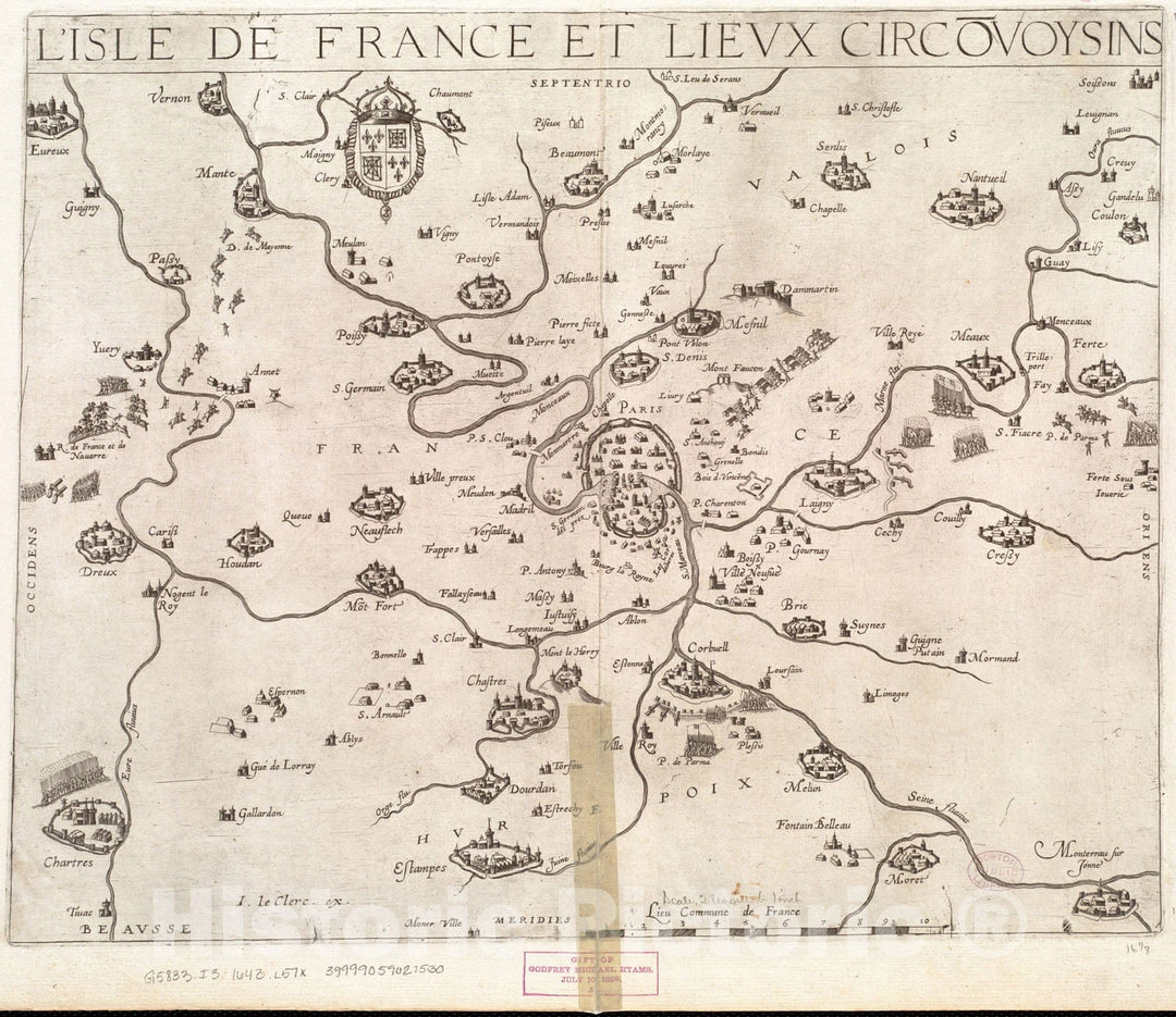 Historical Map, 1643 L'Isle de France et lieux circoIË†voysins, Vintage Wall Art