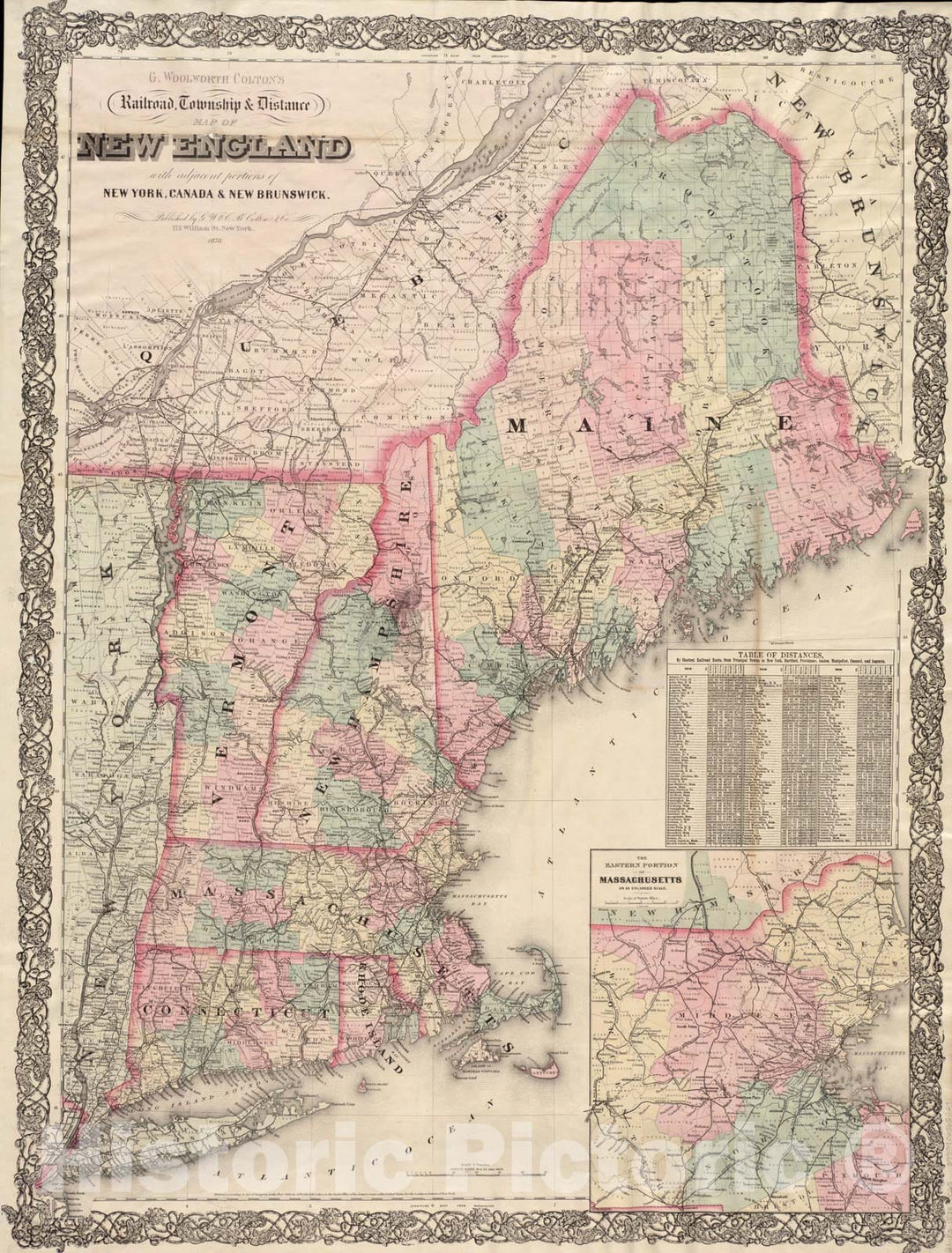 Historical Map, 1878 G. Woolworth Colton's Railroad, Township & Distance map of New England : with Adjacent portions of New York, Canada & New Brunswick, Vintage Wall Art