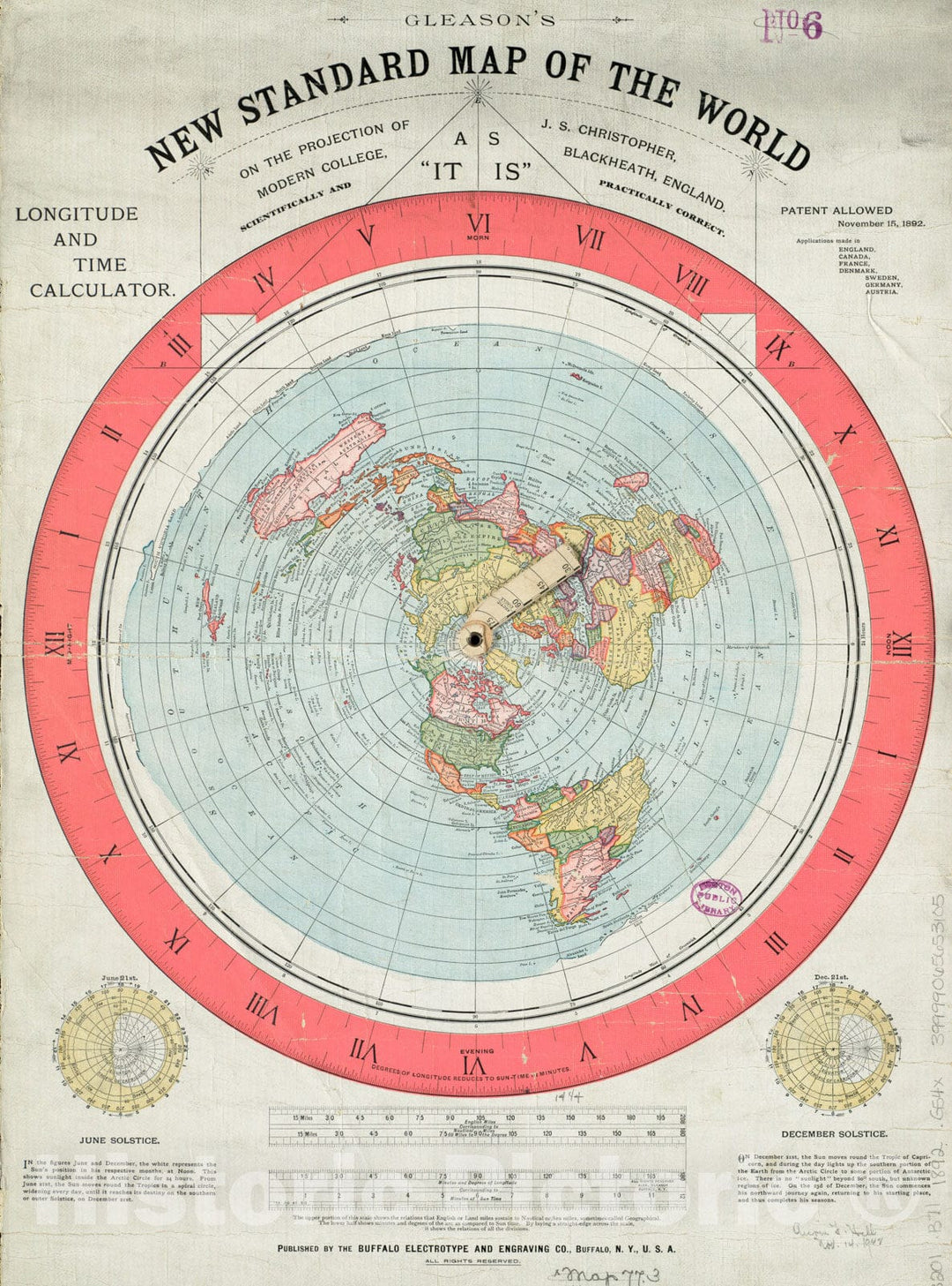 Historical Map, 1892 Gleason's new standard map of the world : on the projection of J. S. Christopher, Modern College, Blackheath, England, Vintage Wall Art