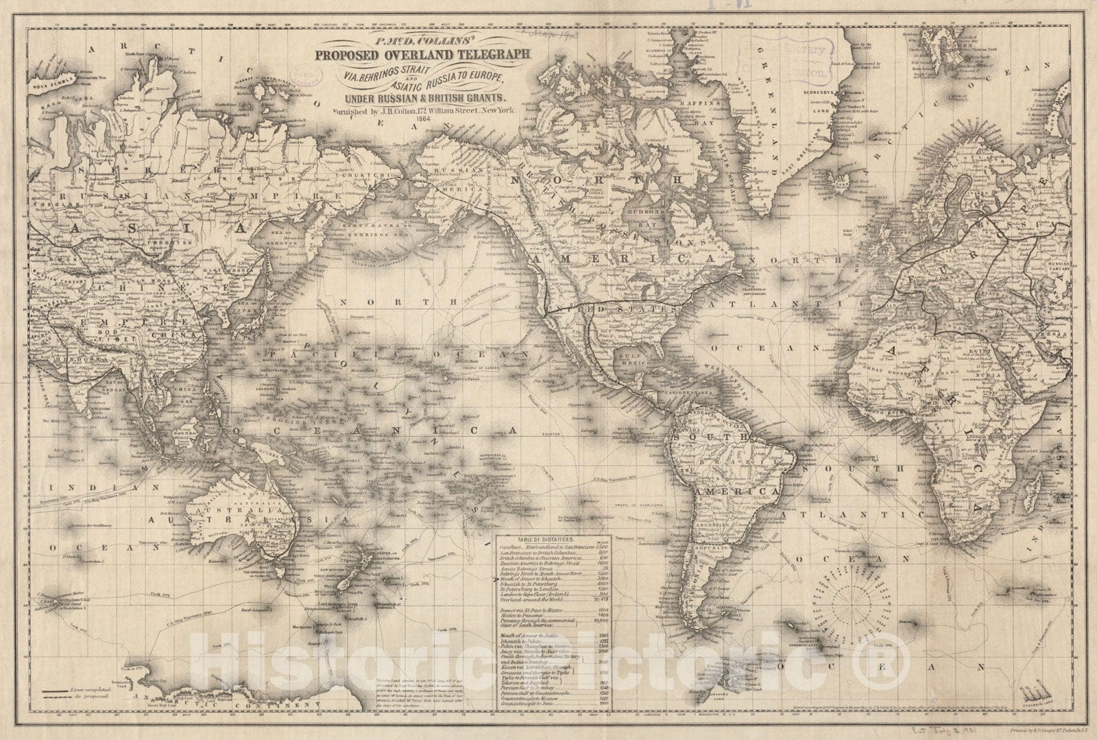 Historical Map, 1864 P. McD. Collins' Proposed Overland Telegraph : via Behrings Strait and Asiatic Russia to Europe, Under Russian & British Grants, Vintage Wall Art