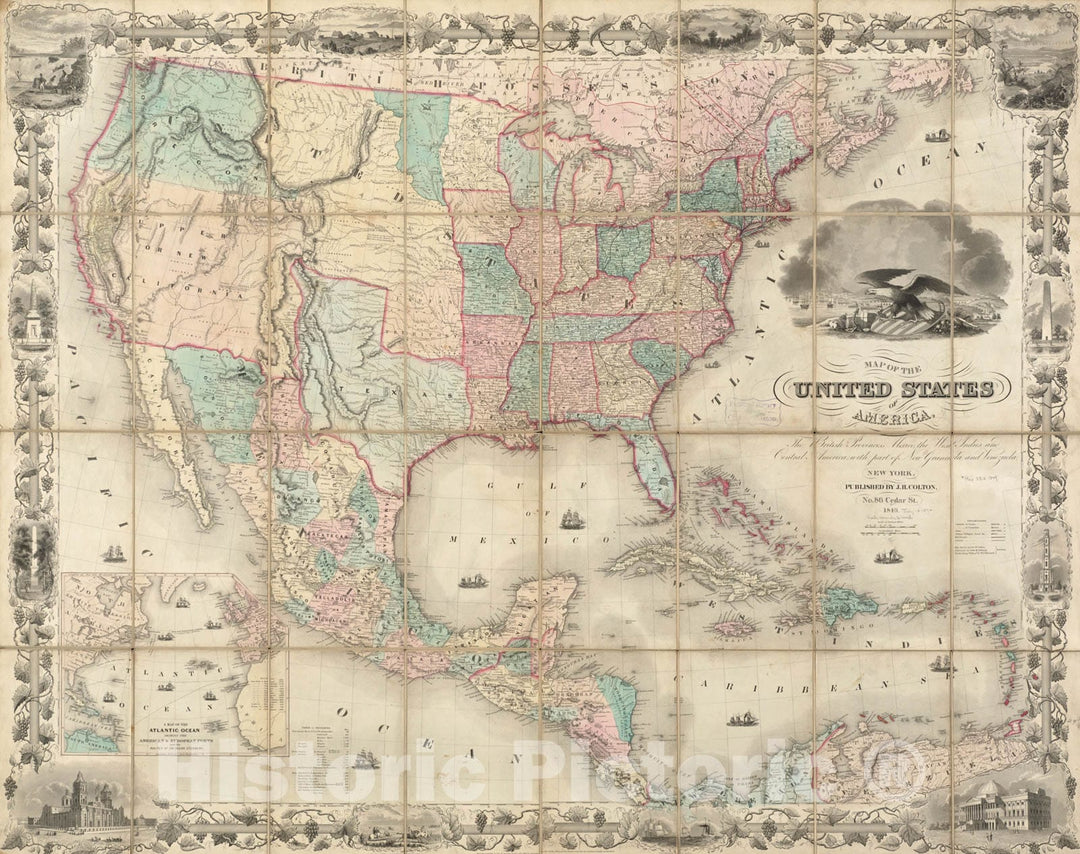 Historical Map, 1849 Map of The United States of America, The British Provinces, Mexico, The West Indies and Central America, with pof New Granada and Venezuela, Vintage Wall Art