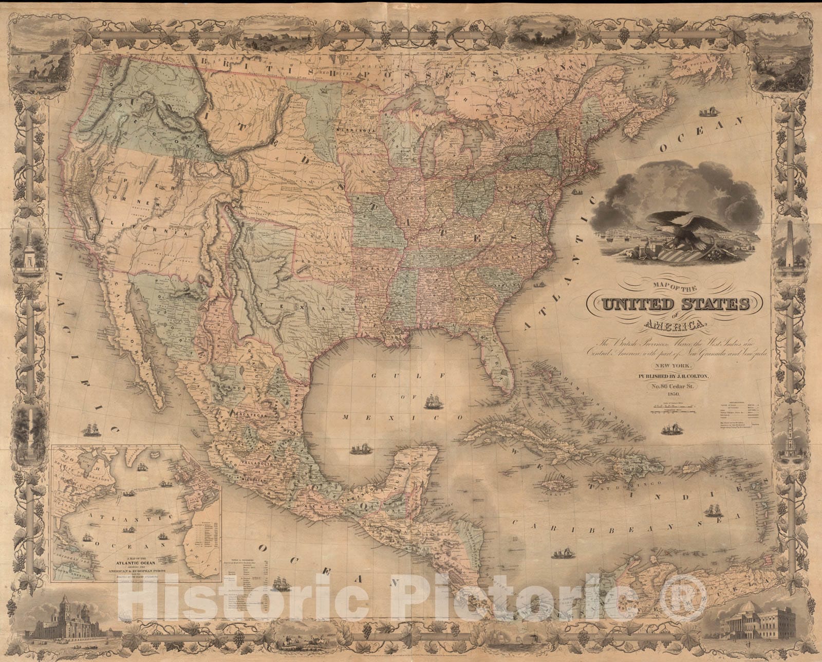 Historical Map, 1850 Map of The United States of America, The British Provinces, Mexico, The West Indies and Central America, with pof New Granada and Venezuela, Vintage Wall Art