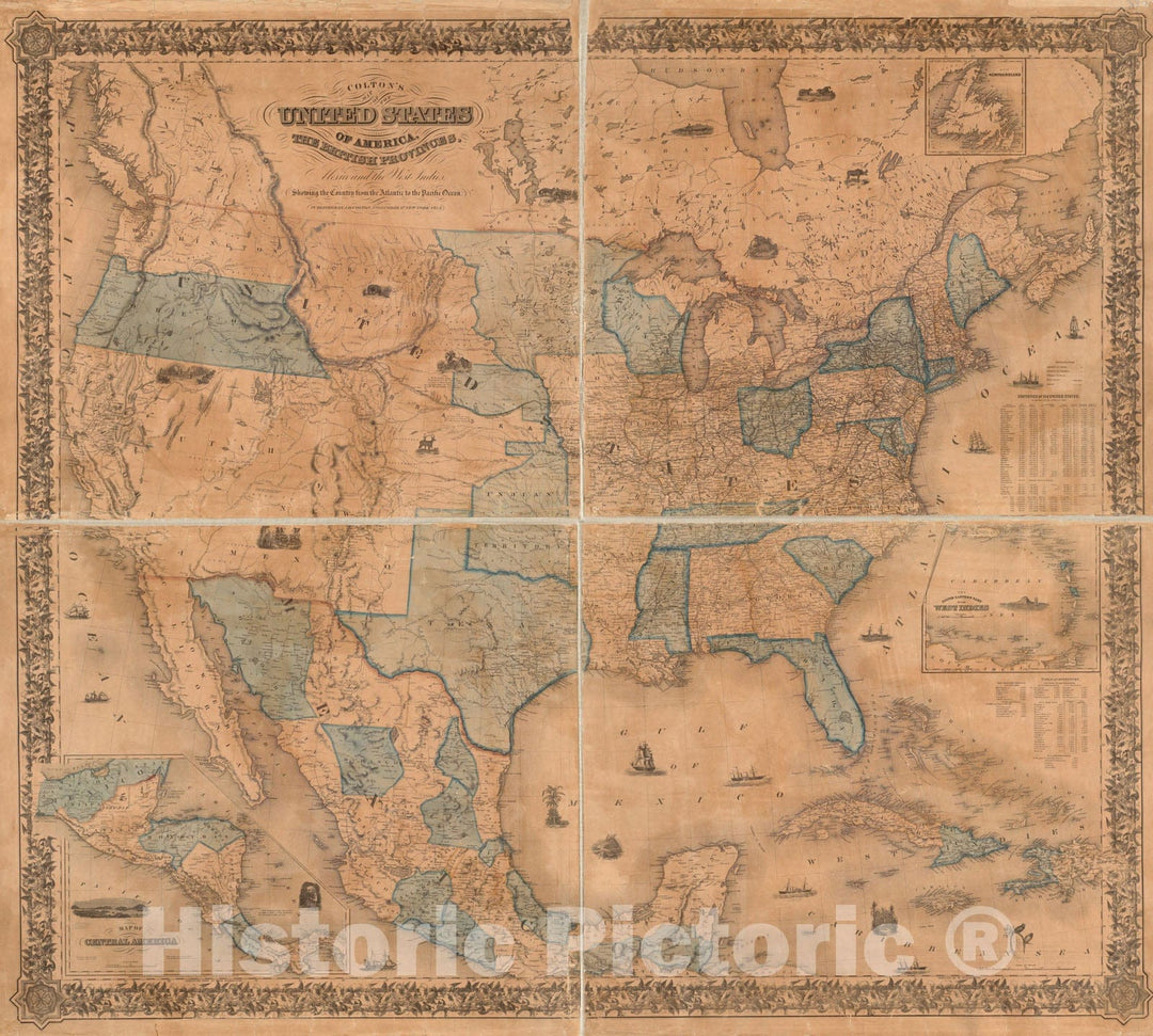 Historical Map, 1854 Colton's map of The United States of America, The British Provinces, Mexico and The West Indies : Showing The Country from The Atlantic to The Pacific Ocean Reprint