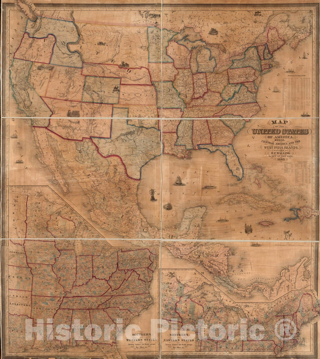 Historical Map, 1863 Map of The United States of America, Mexico, Central America, and The West India Islands, Vintage Wall Art