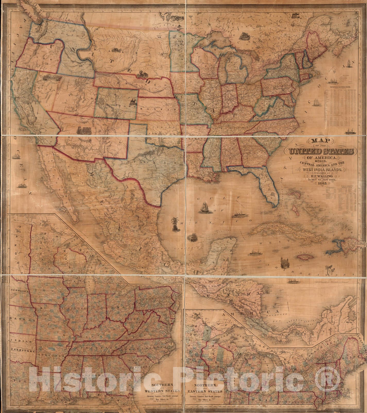 Historical Map, 1863 Map of The United States of America, Mexico, Central America, and The West India Islands, Vintage Wall Art