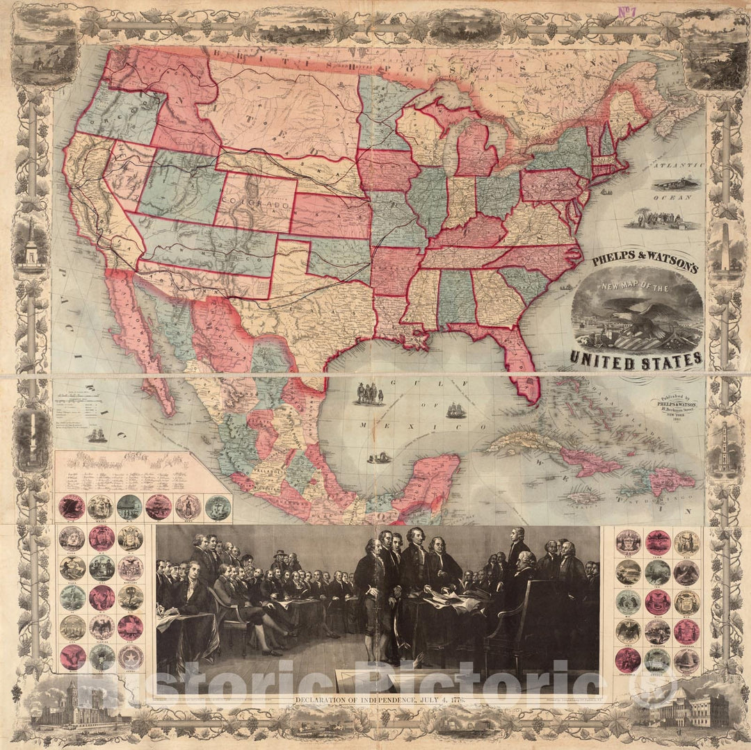 Historical Map, 1861 Phelps & Watson's New map of The United States, Vintage Wall Art