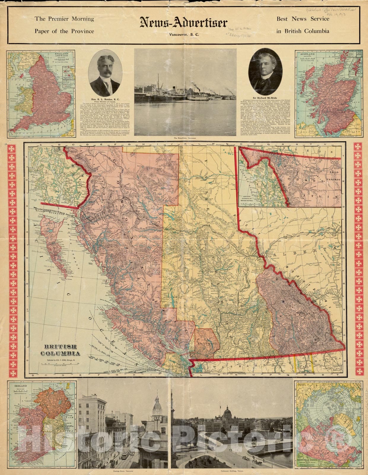 Historical Map, 1913 British Columbia, Vintage Wall Art