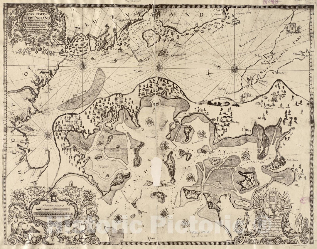 Historical Map, 1912 A new mapp of New England from Cape Codd to Cape Sables : describing all the sands, shoals, rocks, Vintage Wall Art