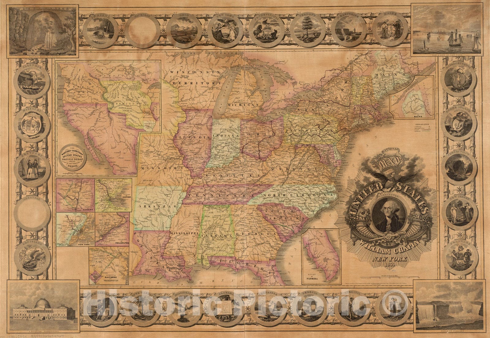 Historical Map, 1835 National map of the United States, Vintage Wall Art