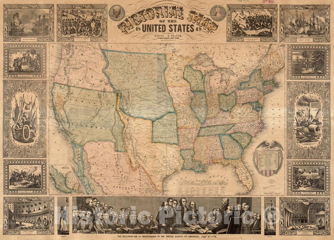 Historical Map, Pictorial map of The United States, 1849, Vintage Wall Art