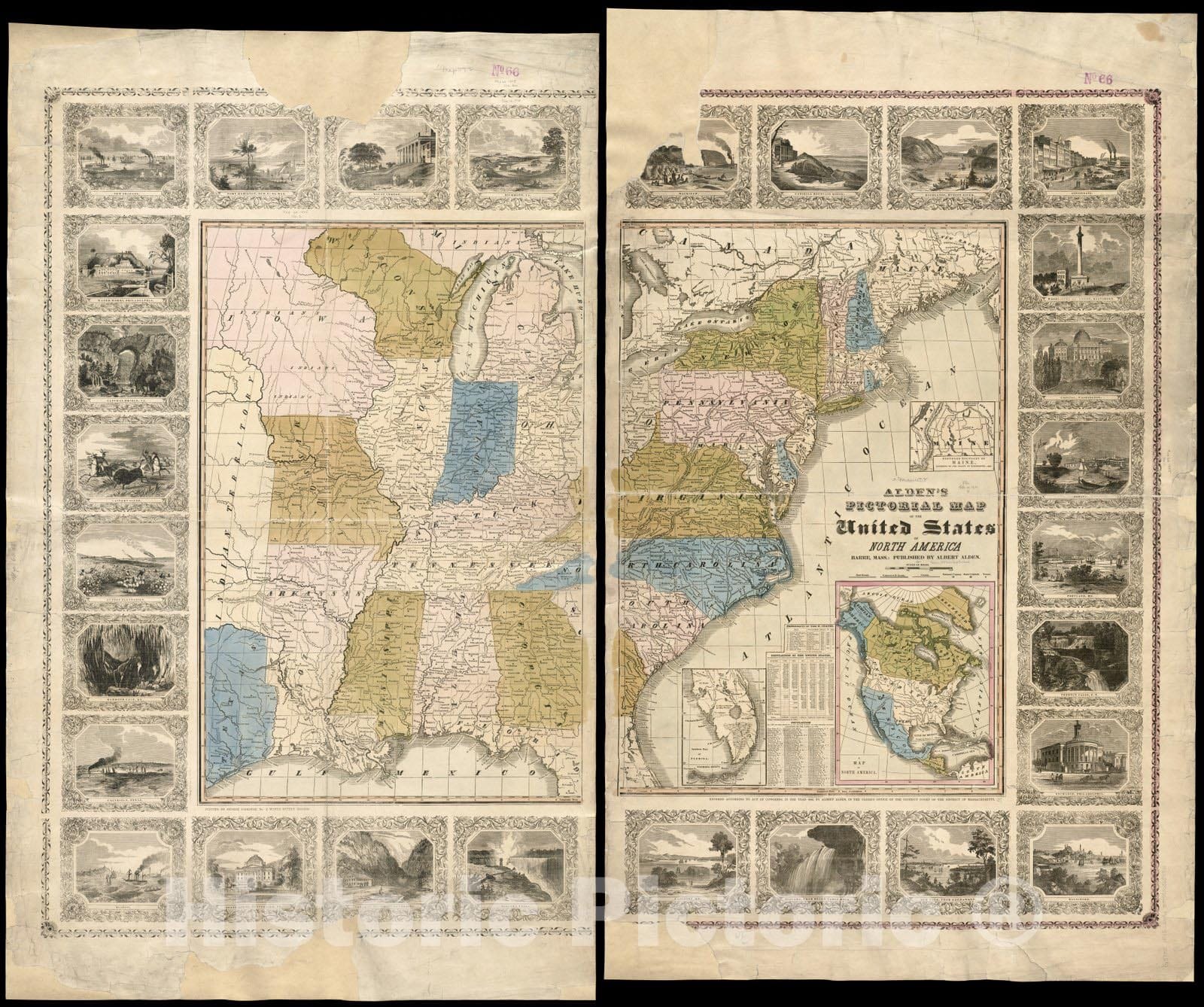 Historical Map, 1845 Alden's pictorial map of the United States of North America, Vintage Wall Art