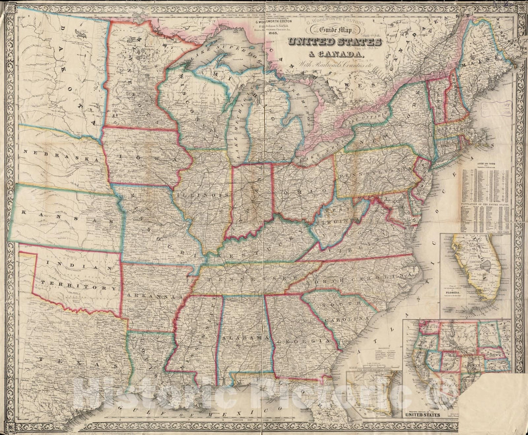 Historical Map, 1863 G. Woolworth Colton's New Guide map of The United States & Canada : with Railroads, Counties etc, Vintage Wall Art