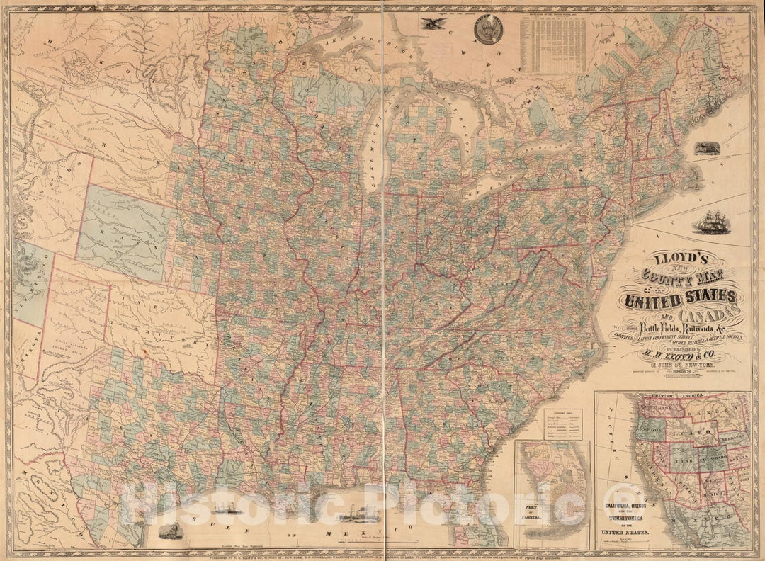 Historical Map, 1863 Lloyd's new county map of the United States and Canadas showing battle fields, railroads, et cetera, compiled from the latest goverment surveys, Vintage Wall Art